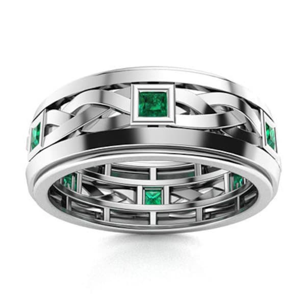 Men's Full Eternity Band, Men's Wedding Ring, Emerald Men's Ring, 14k White Gold, 3.5 Ct Green Emerald, Silver Men's Ring, Men's Jewelry