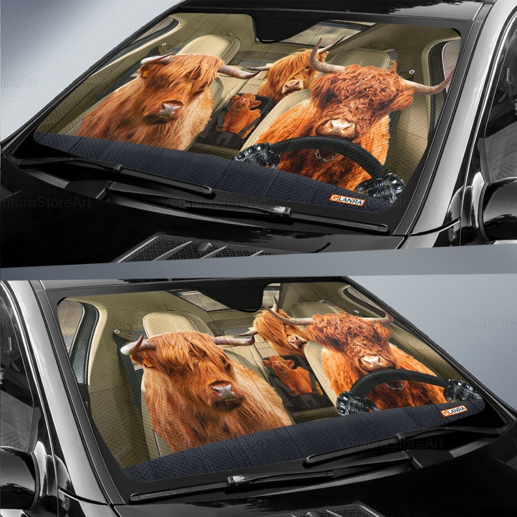 Discover Highland Cow Car Sunshade, Family Cow Sunshade, Car Decor, Heifer Sunshade