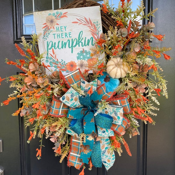 Fall wreath with pumpkins, autumn porch decor, blue and orange door hanger, Hey there pumpkin, artificial floral