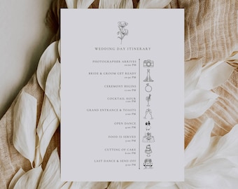 May include: A wedding day itinerary card with a floral illustration at the top. The card lists the schedule of events, including the photographer's arrival, ceremony, cocktail hour, and cutting of the cake. The card is on a neutral background.