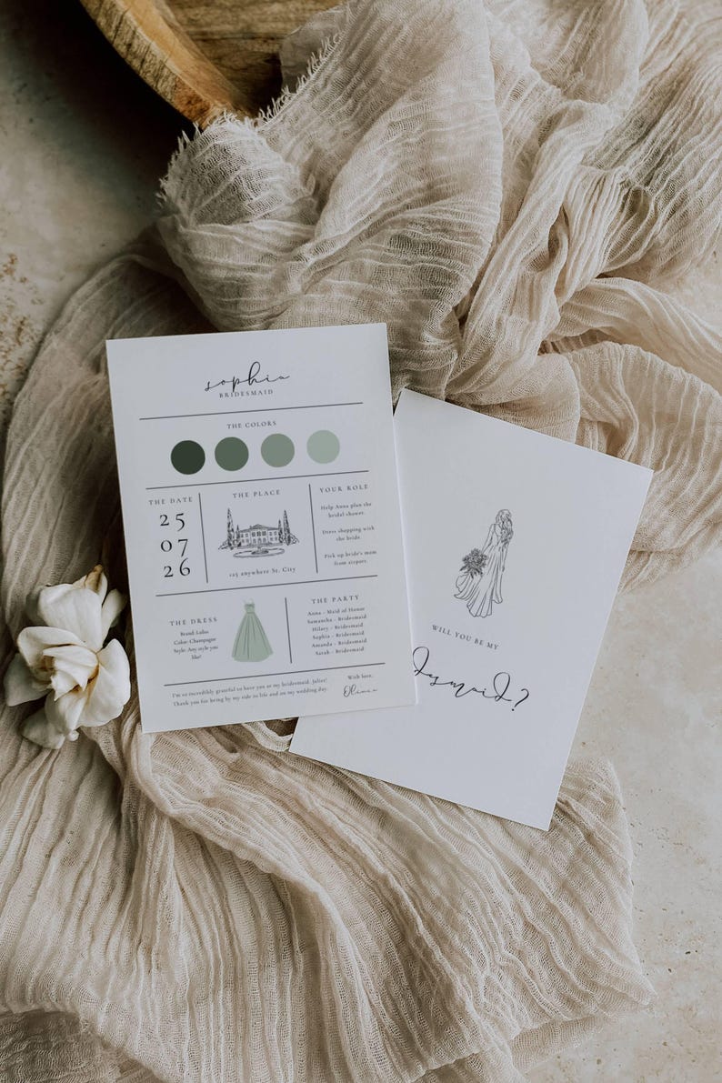 Olive green wedding bridal party information card template
