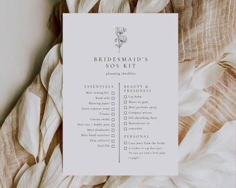 Alba Serenity Bridesmaid SOS Kit Checklist Card Template: Minimalist Wedding Emergency List and Wedding Morning Kits Card, Editable in Canva