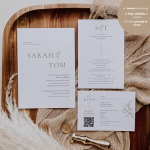 Oliva Essence Wedding Suite Template: Modern Garden Invitation, RSVP and Details Card with QR Code, Editable in Canva
