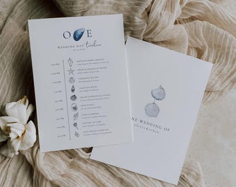 Coastal Whisper Wedding Day Itinerary Template: Soft Blue Elegant Timeline Card, Minimal Beach Wedding, Editable in Canva