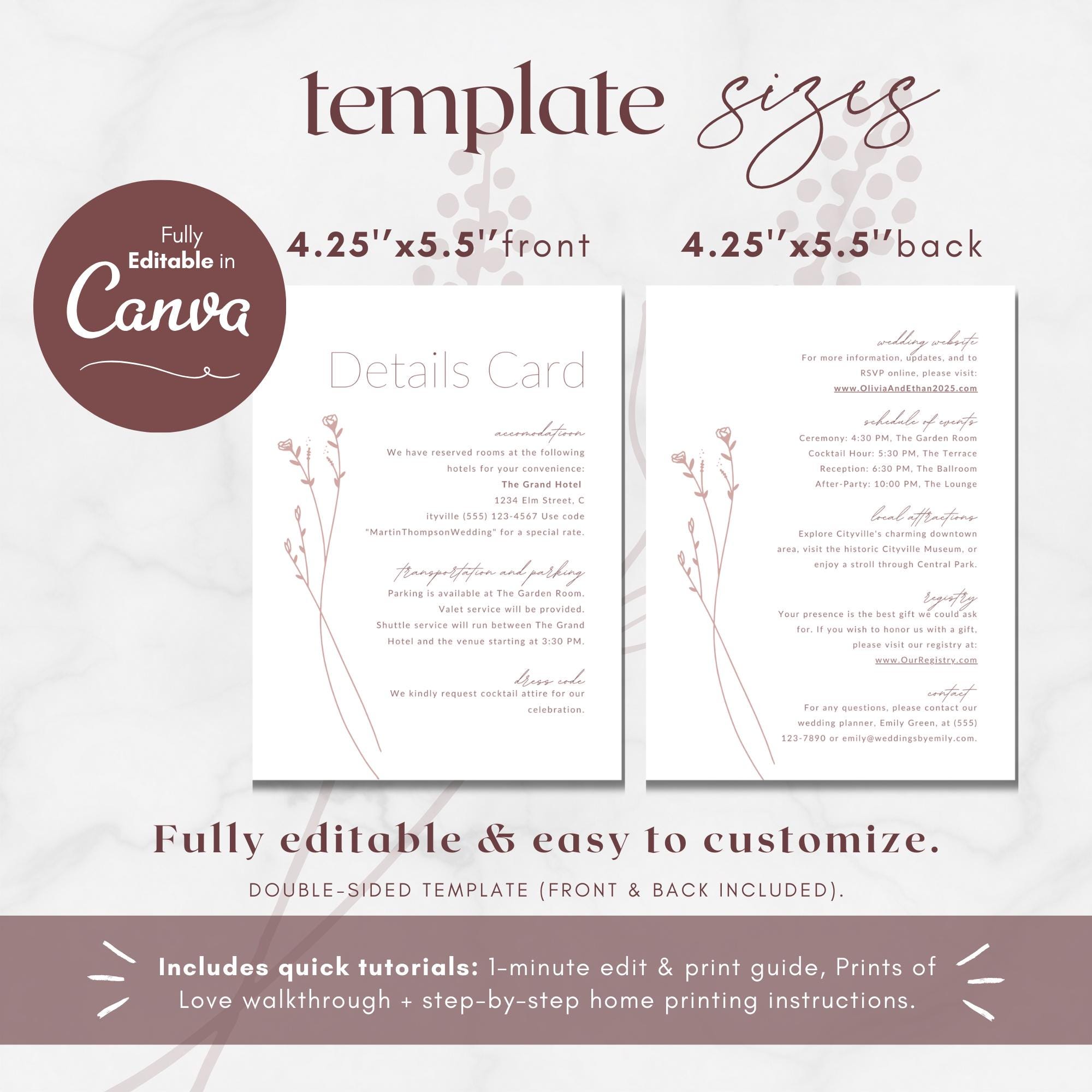 Modern Romantic Floral Insert Details Card Template | Blush Pink Dusty ...