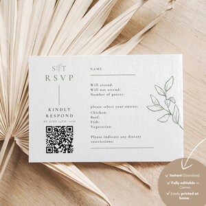 Oliva Essence RSVP Card Template: Modern Garden RSVP with QR Code, Olive Branch Wedding, Editable in Canva