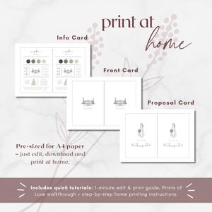 May include: A collection of printable wedding stationery, including info cards, front cards, and proposal cards. The design features a minimalist aesthetic with botanical accents and the text "print at home". The cards are pre-sized for A4 paper.