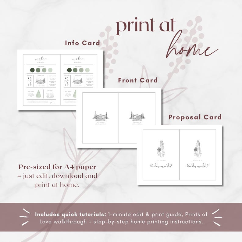 May include: A collection of printable wedding stationery, including info cards, front cards, and proposal cards. The design features a minimalist aesthetic with botanical accents and the text "print at home". The cards are pre-sized for A4 paper.