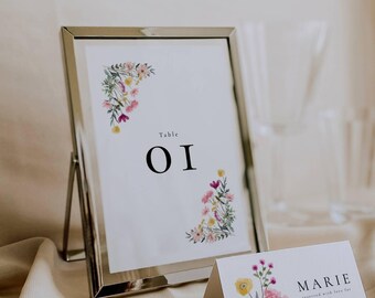 Aurora Valea Table Numbers Template: Wildflowers Garden Wedding Table Cards, Botanical Wedding Reception Table Display, Editable in Canva