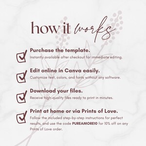 May include: A graphic with the text "how it works" in a decorative font. The steps include purchasing a template, editing online in Canva, downloading files, and printing at home or via Prints of Love.