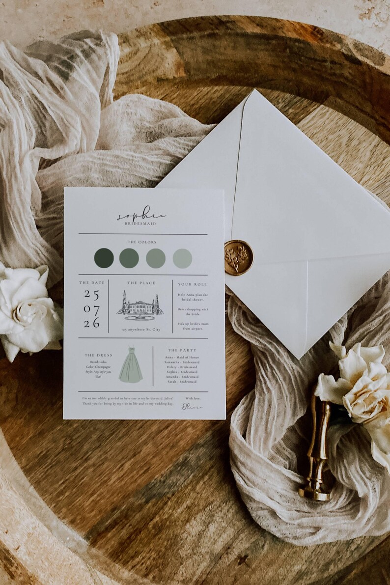 Modern garden bridesmaid info card template printable design