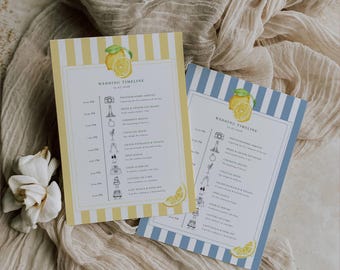 Solea Mare Wedding Day Itinerary Template: Destination Wedding Timeline Card, Navy Blue Lemon Wedding Schedule, Editable in Canva