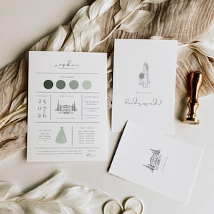 Może przedstawiać: Zestaw eleganckiej papeterii ślubnej. Zawiera kartę z propozycją dla druhen z tekstem "Will you be my bridesmaid?" oraz kartę z imieniem "Sophie" i szczegółami ślubu. Paleta kolorów to zieleń i biel.