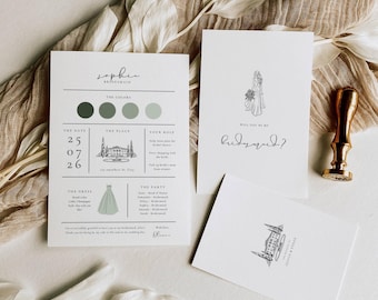 Oliva Essence Bridesmaid Info Card Template: Modern Garden Information Card, Sage Green Proposal, Editable in Canva