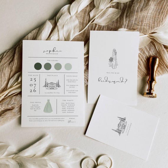 Oliva Essence Bridesmaid Info Card Template: Modern Garden Information Card, Sage Green Proposal, Editable in Canva