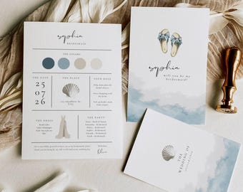Coastal Whisper Bridesmaid Info Card Template: Minimalist Bridesmaid Information Card, Coastal Elegant Wedding Proposal, Editable in Canva