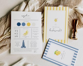 Solea Mare Bridesmaid Info Card Template: Mediterranean Destination Wedding Information Card, Navy Blue Lemon Proposal, Editable in Canva