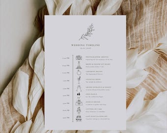 Oliva Essence Wedding Itinerary Template: Modern Garden Timeline Card, Olive Branch Wedding, Editable in Canva