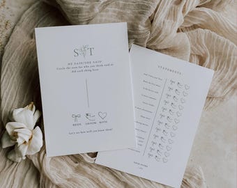 Oliva Essence Wedding Game Card Template: Minimalist Sage Green He Said/She Said Game for Garden Wedding Entertainment, Editable in Canva