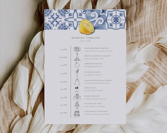 Solea Mare Wedding Day Itinerary Template: Destination Wedding Timeline Card, Navy Blue Lemon Wedding Schedule, Editable in Canva