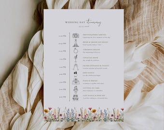 Aurora Valea Wedding Day Itinerary Template: Romantic Sunset Timeline Card, Wildflower Garden Wedding, Editable in Canva