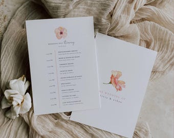 Aurora Valea Wedding Day Itinerary Template: Romantic Sunset Timeline Card, Wildflower Garden Wedding, Editable in Canva