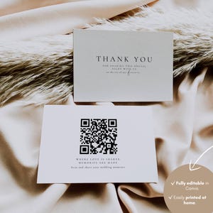 Modello di biglietto di ringraziamento Alba Serenity: biglietto minimalista per sacchetto regalo di nozze con codice QR, modificabile in Canva e scaricabile immediatamente.