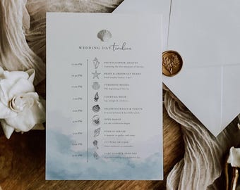 Coastal Whisper Wedding Day Itinerary Template: Soft Blue Elegant Timeline Card, Minimal Beach Wedding, Editable in Canva