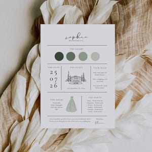 Olive green wedding bridesmaid details card editable in Canva