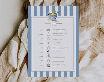 Solea Mare Wedding Day Itinerary Template: Destination Wedding Timeline Card, Navy Blue Lemon Wedding Schedule, Editable in Canva