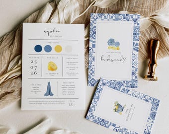 Solea Mare Bridesmaid Info Card Template: Mediterranean Destination Wedding Information Card, Navy Blue Lemon Proposal, Editable in Canva