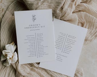 Alba Serenity Groom’s Emergency Kit Checklist Template: Minimalist Wedding Survival List, Soft Neutral Elegant Design, Editable in Canva