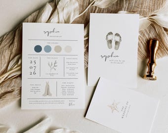 Coastal Whisper Bridesmaid Info Card Template: Minimalist Bridesmaid Information Card, Coastal Elegant Wedding Proposal, Editable in Canva