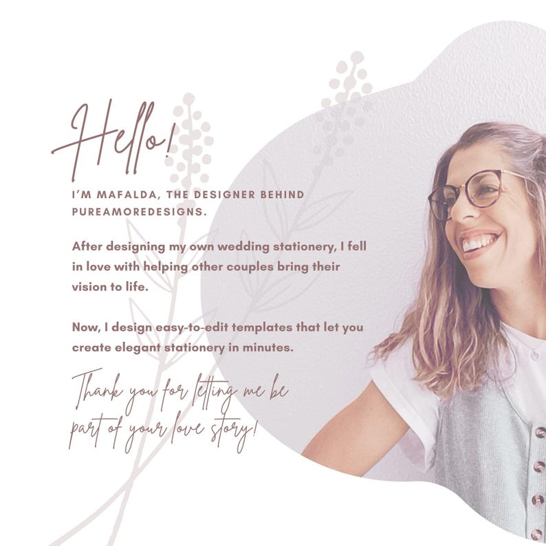 May include: A promotional image with the text "Hello!" and "Thank you for letting me be part of your love story!" in a handwritten font. The image features a smiling woman wearing glasses and a gray top. The text also mentions easy-to-edit templates.