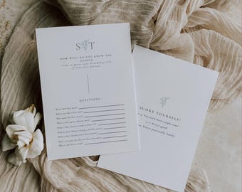 Oliva Essence Wedding Game Card Template: Minimalist Sage Green "How well do you know the couple" Game for Garden Wedding, Editable in Canva