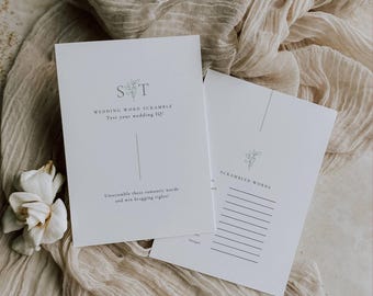 Oliva Essence Wedding Game Card Template: Minimalist Sage Green Wedding Word Scramble Game for Garden Wedding, Editable in Canva