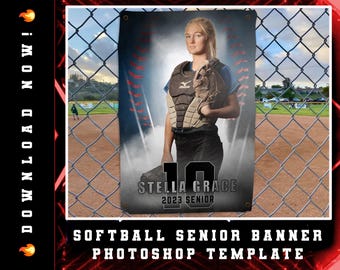 May include: A softball senior banner template featuring a girl in a softball uniform with the text "Stella Grace 2023 Senior" and a number 10.