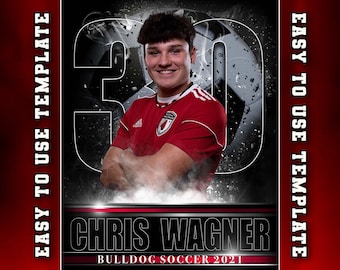 May include: A young man wearing a red soccer jersey with the number 30 on it. He is standing in front of a soccer ball with a black and white background. The text "Chris Wagner" and "Bulldog Soccer 2021" is below the image.