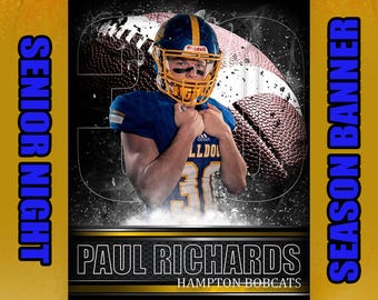 May include: A football player wearing a blue and gold uniform with the number 30 on the front. The player is holding his hands in front of his face. The background is a black and white image of a football. The text "PAUL RICHARDS" and "HAMPTON BOBCATS" is on the banner.