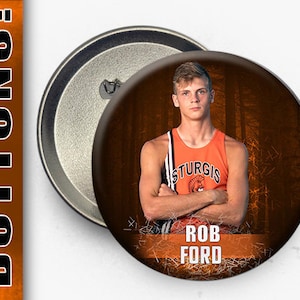 May include: A round button featuring a photograph of a young man wearing an orange and black sports jersey with the text "Sturgis" on the front. The text "Rob Ford" is printed below the photo on a brown background.