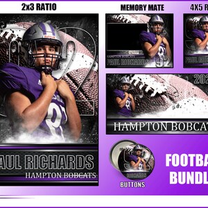 May include: A digital graphic design template for a football player's photo. The template includes a 2x3 ratio, a memory mate, a 4x5 ratio, and buttons. The template is purple and black with a football theme. The text on the template says "Paul Richards", "Hampton Bobcats", "2023", "Team Football Bundle!" and "Buttons".