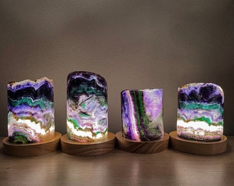 Rainbow Fluorite Crystal Night Light Natural Stone Lamp With Wooden Base