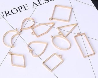 10 Stück Offene Rückseite Lünette Geometrisch Mix Gold für Epoxidharz oder UV Resin, Anhänger Rahmen Schmuck Anhänger, Bastelzubehör, Resin Zubehör