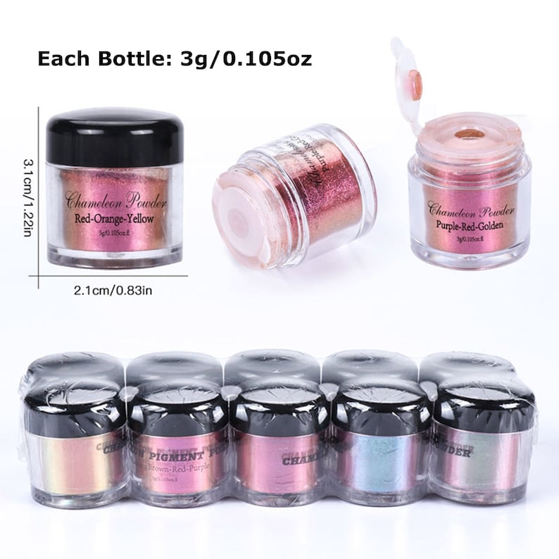 May include: Ten small jars of iridescent chameleon powder pigment. Each jar is 3 grams or 0.105 ounces. The jars are labeled with the color names: Red-Orange-Yellow, Purple-Red-Golden, Brown-Red-Purple, and Chameleon.