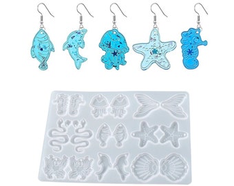 Moule en silicone de boucle d'oreille d'océan, moule de pendentif en résine époxy de boucle d'oreille d'animaux aquatiques, outil d'argile polymère de bijoux d'étoile de mer, moules de résine UV de méduse