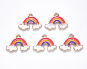 May include: Six gold-tone rainbow charms with white clouds. Each charm features a red, yellow, purple, and blue rainbow with a gold loop for attaching.