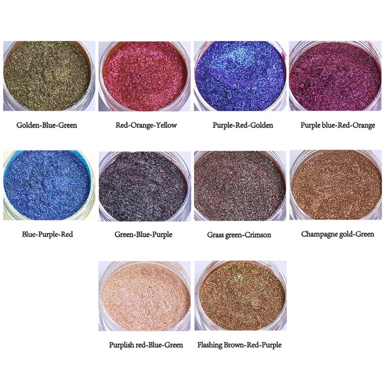 May include: Ten small jars of iridescent glitter, each with a different color combination. The colors include golden, blue, green, red, purple, orange, yellow, and brown.