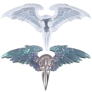 May include: A pair of iridescent green wings with a skull in the centre. The wings are attached to the skull and are spread out. The skull has a beak and is facing forward. The wings are iridescent and have a green, blue, and purple hue. The skull is white and has a grey beak.
