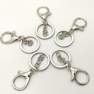 Op de afbeelding: Vijf zilveren sleutelhangers met een ronde ring en een karabijnhaak. Elke sleutelhanger heeft een kleine zilveren ketting die aan de ring is bevestigd.