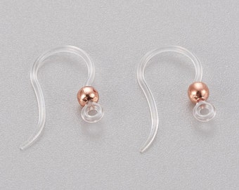Hypoallergenic Earring Hook, Eco-Friendly Transparent Plastic Earring Hooks, with 304 Stainless Steel Copper Coloured Bead -  10pcs or 20pcs